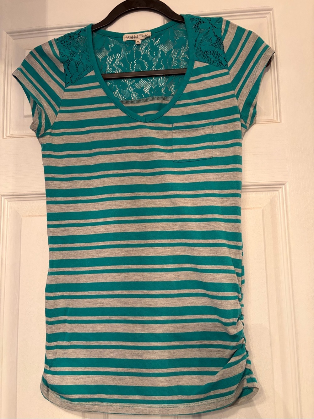 Wishful Park Teal and Gray Striped Lace-Back Short Sleeve Tee